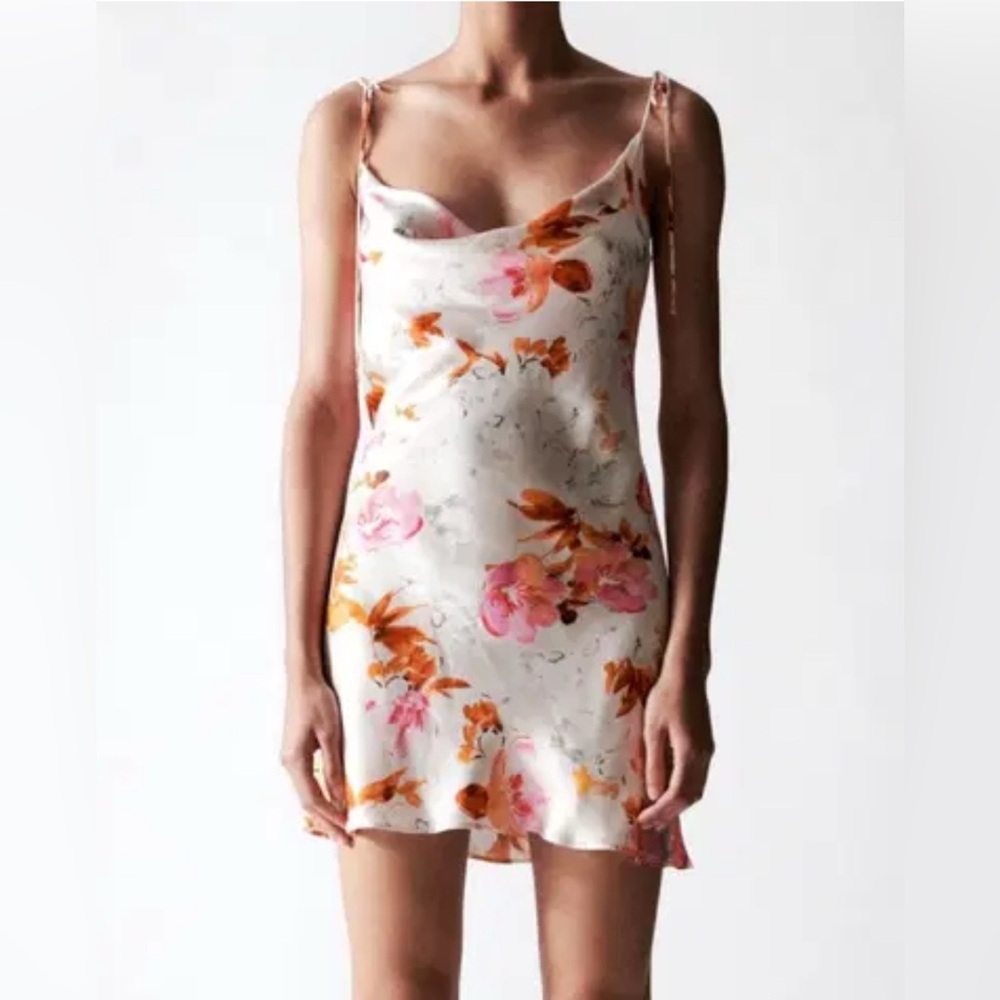 ZARA Floral Satin Pink and Orange Slip Dress NWT